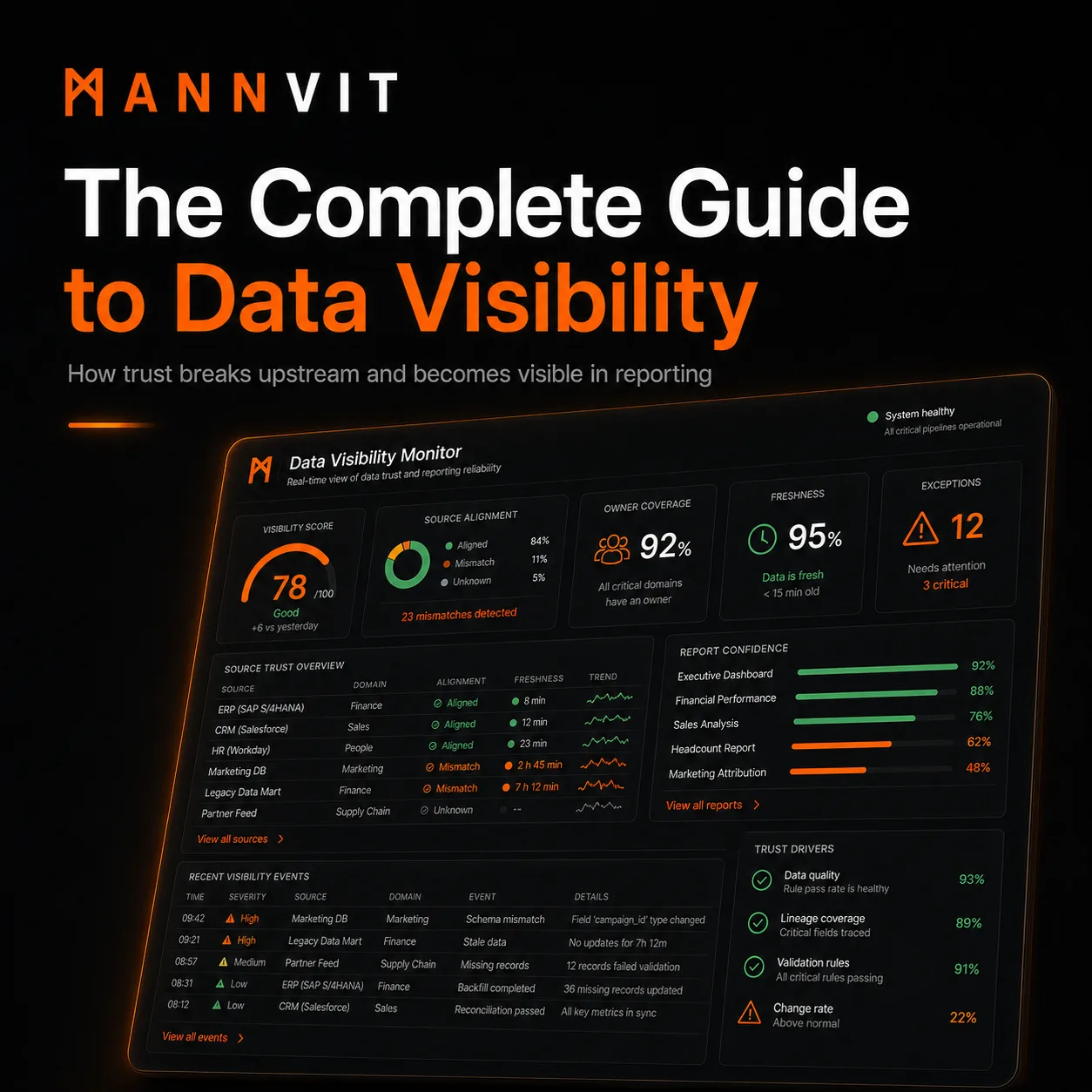 Data visibility guide artwork with a monitor showing visibility score, source alignment, owner coverage, freshness and exceptions.
